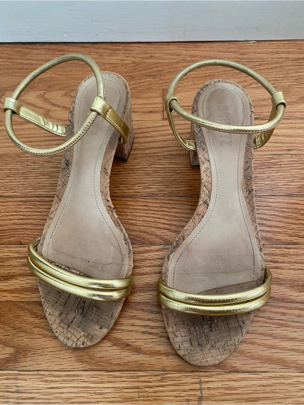 Schutz Gold Cork Block Heel Sandals with Ankle Strap
